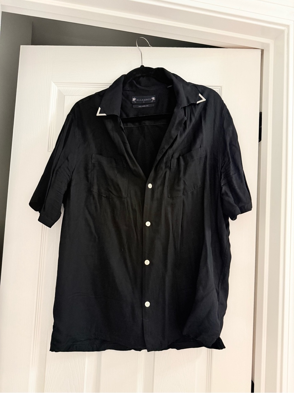 All Saints Black Short-Sleeve Button-Down Shirt with Metal Collar Accents